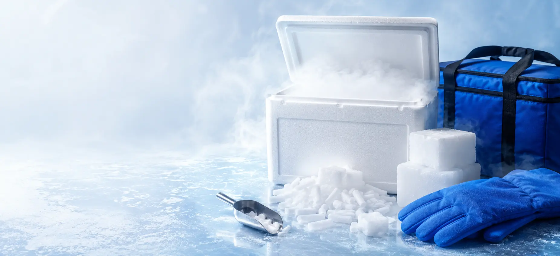 Open insulated cooler with dry ice blocks, pellets, insulated gloves, scoop and transport bag