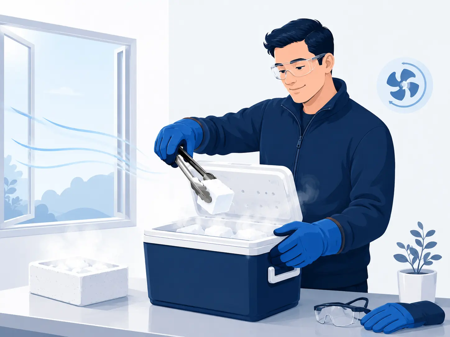 Person wearing insulated gloves and safety glasses uses tongs to place dry ice into a vented cooler beside an open window