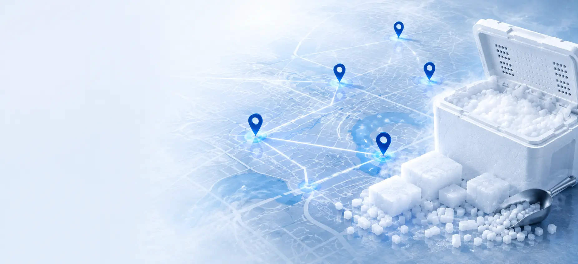 Frosted street map with connected location pins beside dry ice blocks and an open vented cooler